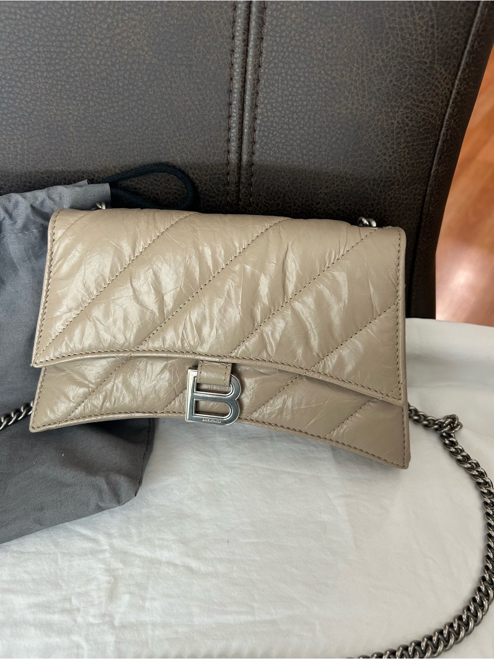 Balenciaga Taupe Crushed (quilted) Leather 'B' snap Crossbody Bag